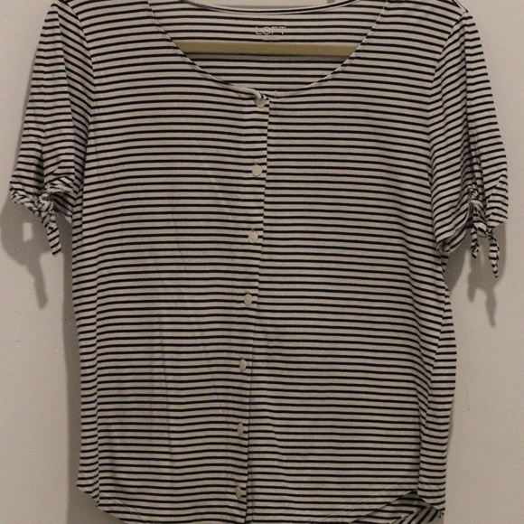 LOFT Outlet Black & White Striped Blouse with Tie Detail on Sleeve - Picture 1 of 5